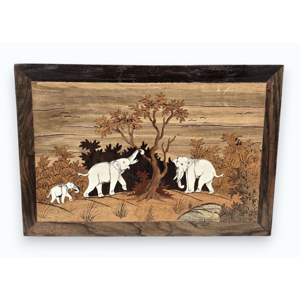 Vintage Wood Marquetry Inlay Wall Art Elephant Family Jungle Scene Wood Plaque